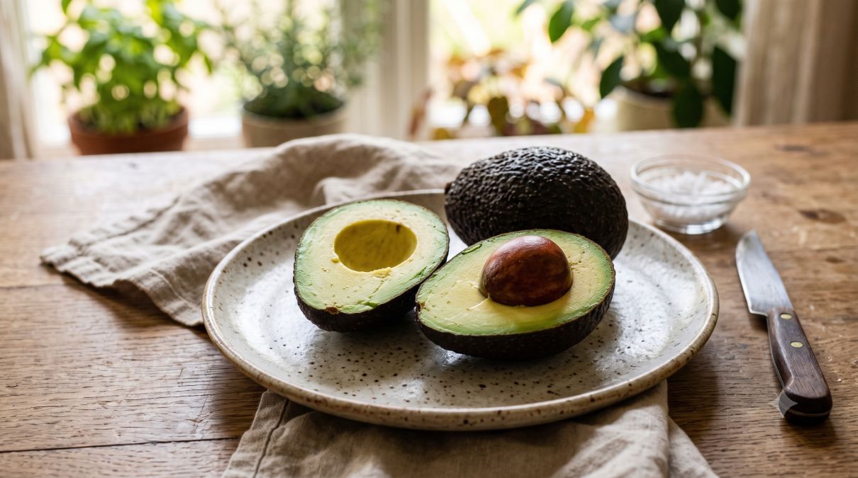 Sliced avocado on a plate, halves showing the pit and flesh