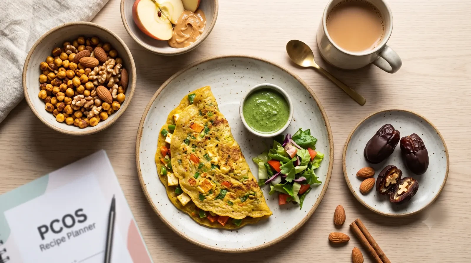 A PCOS-friendly breakfast spread with vegetable-paneer chilla, roasted chana and nuts, apple with peanut butter, dates, and chai