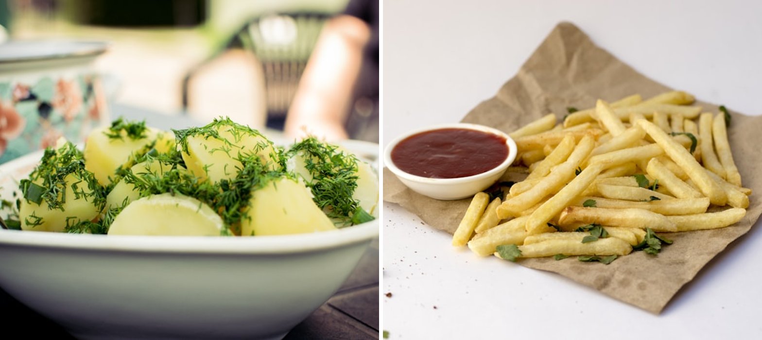 Boiled potato with herbs next to a plate of French fries with ketchup, showing how cooking method changes calories