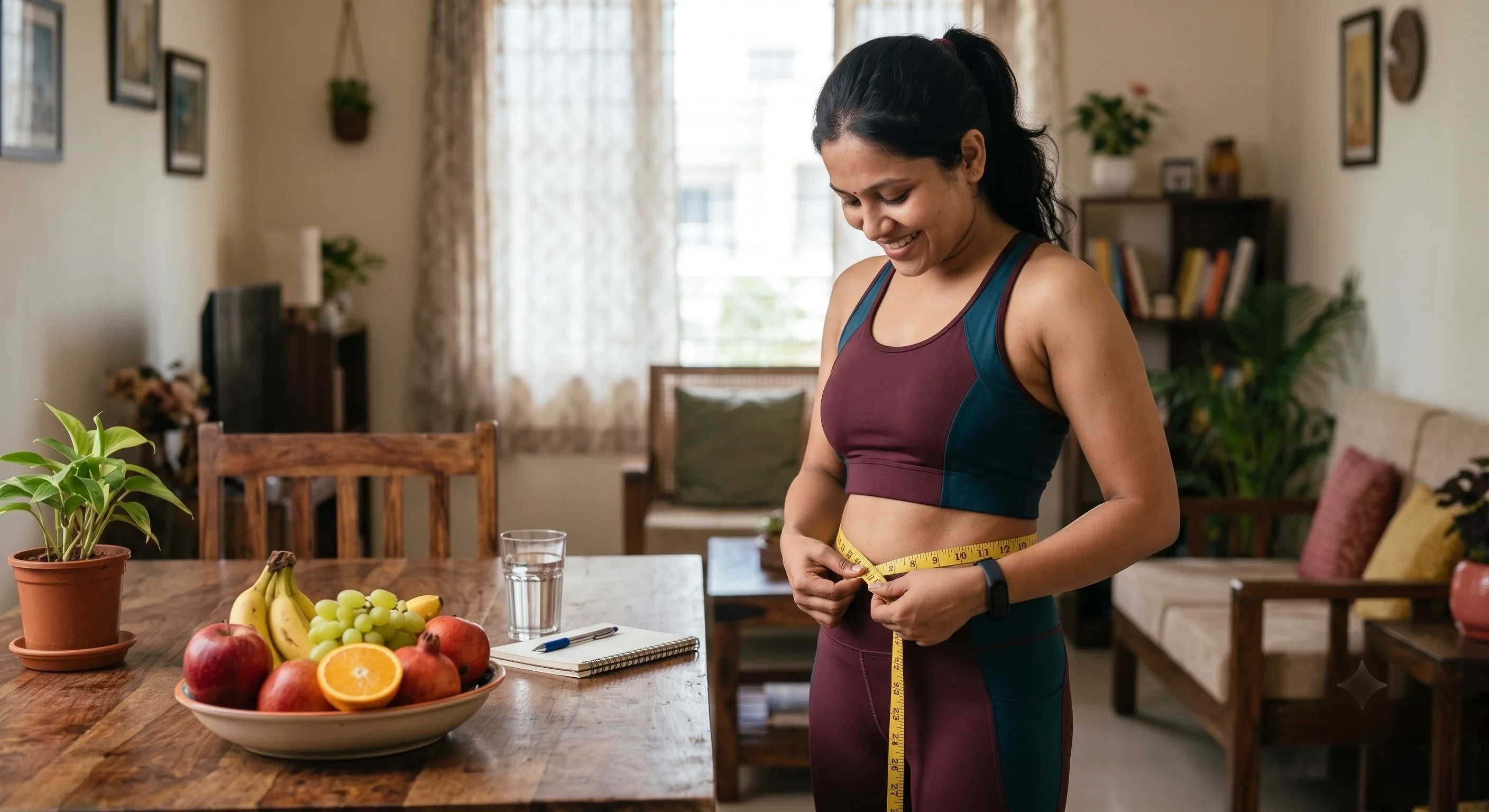 A woman at home measuring her waist with a tape measure, with a bowl of fresh fruit on the table