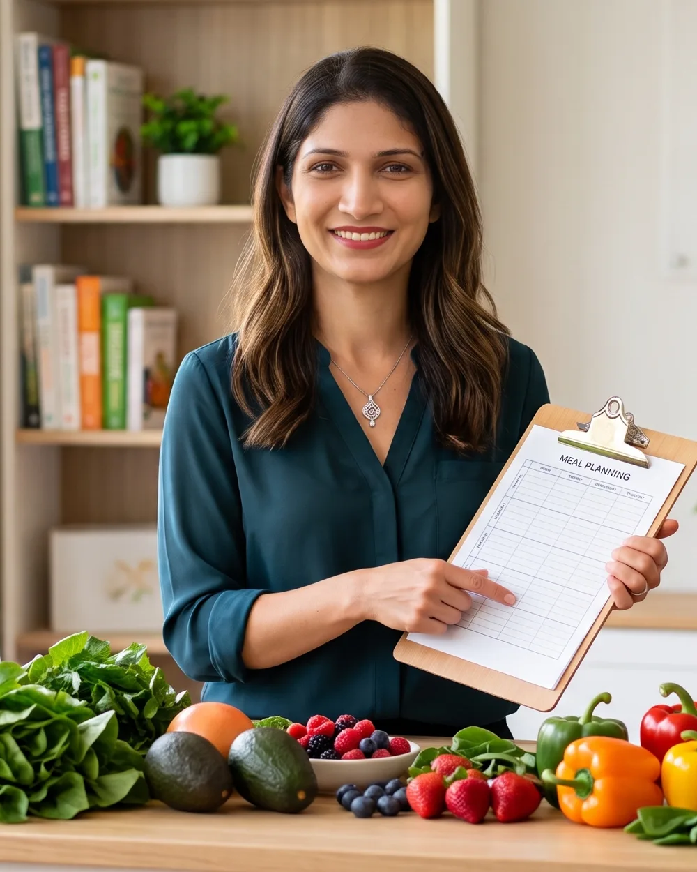 Sanchi, dietitian, smiling while reviewing a meal plan surrounded by fresh vegetables and fruit